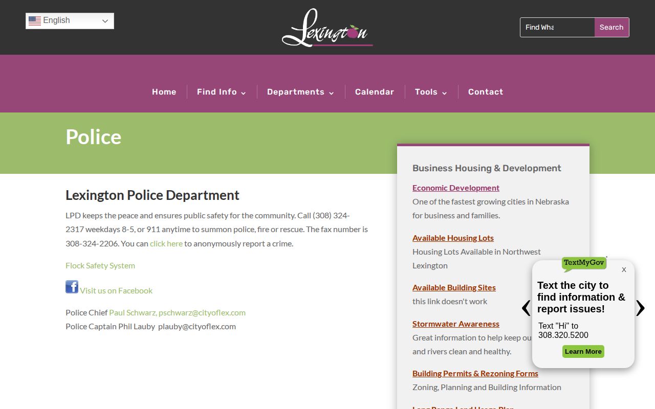 Dawson County Lexington Police Department official arrest-record contact page